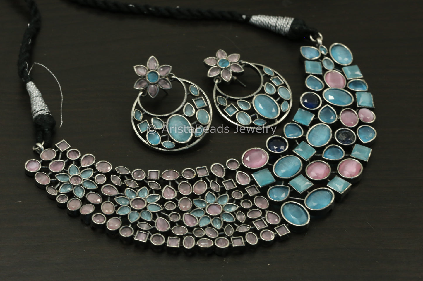 CZ & Monalisa Stones Necklace Set  - Pink Blue