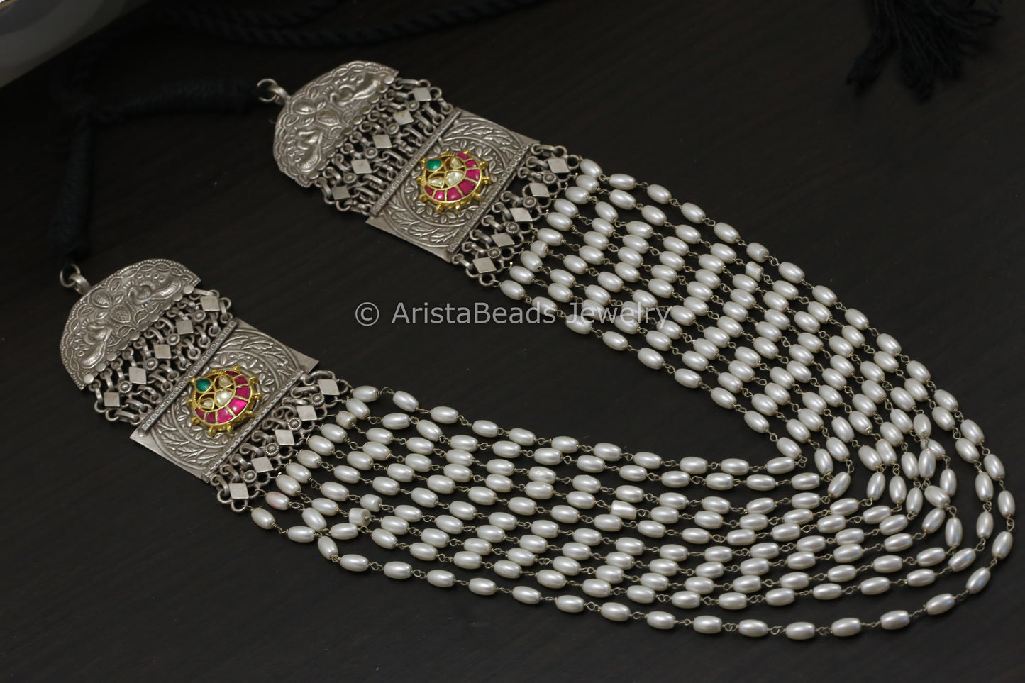 Multi Strand Silver Look Pachi Kundan Pearl Necklace