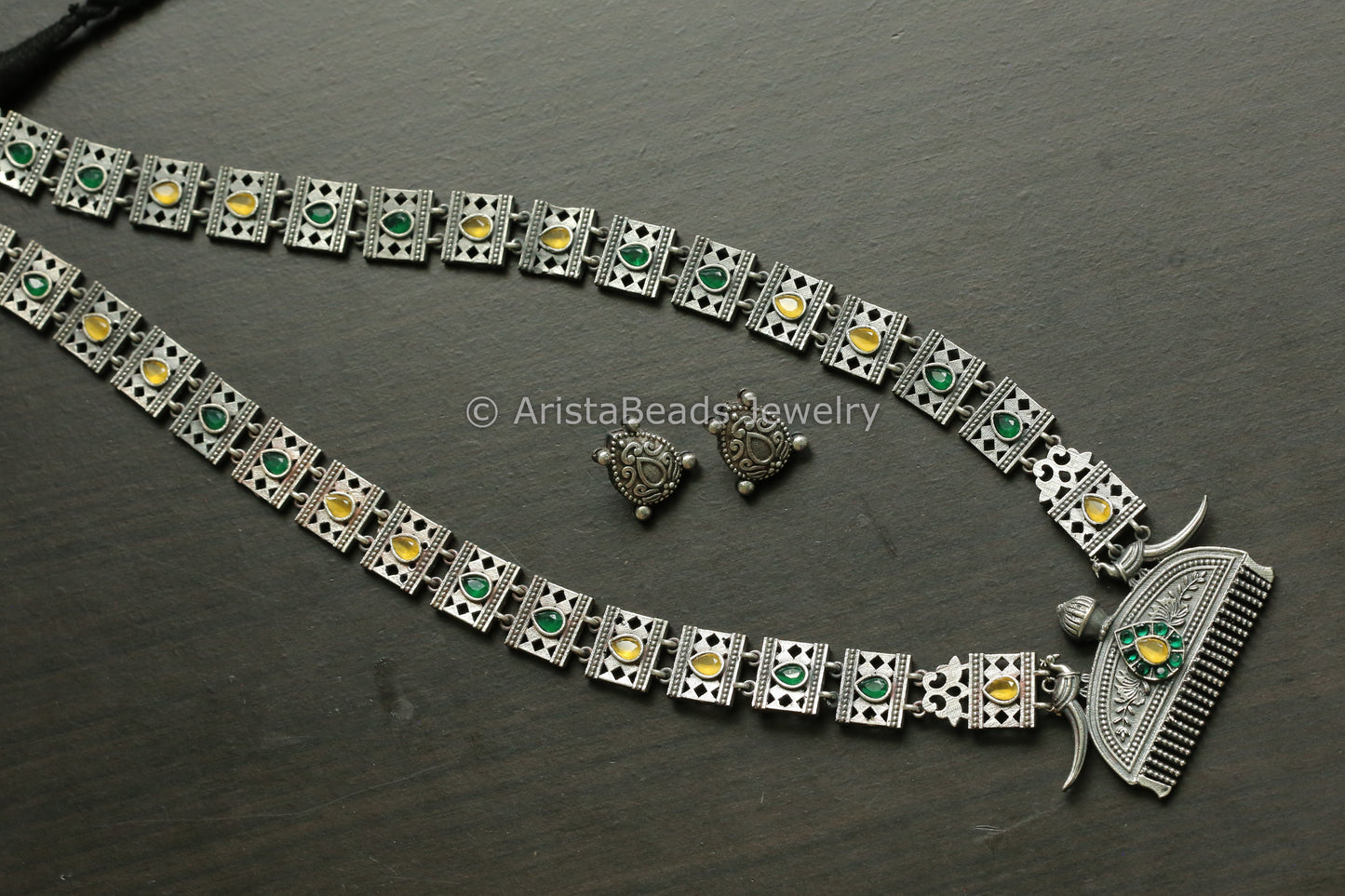 Green Yellow Silver Replica Oxidized Necklace Set