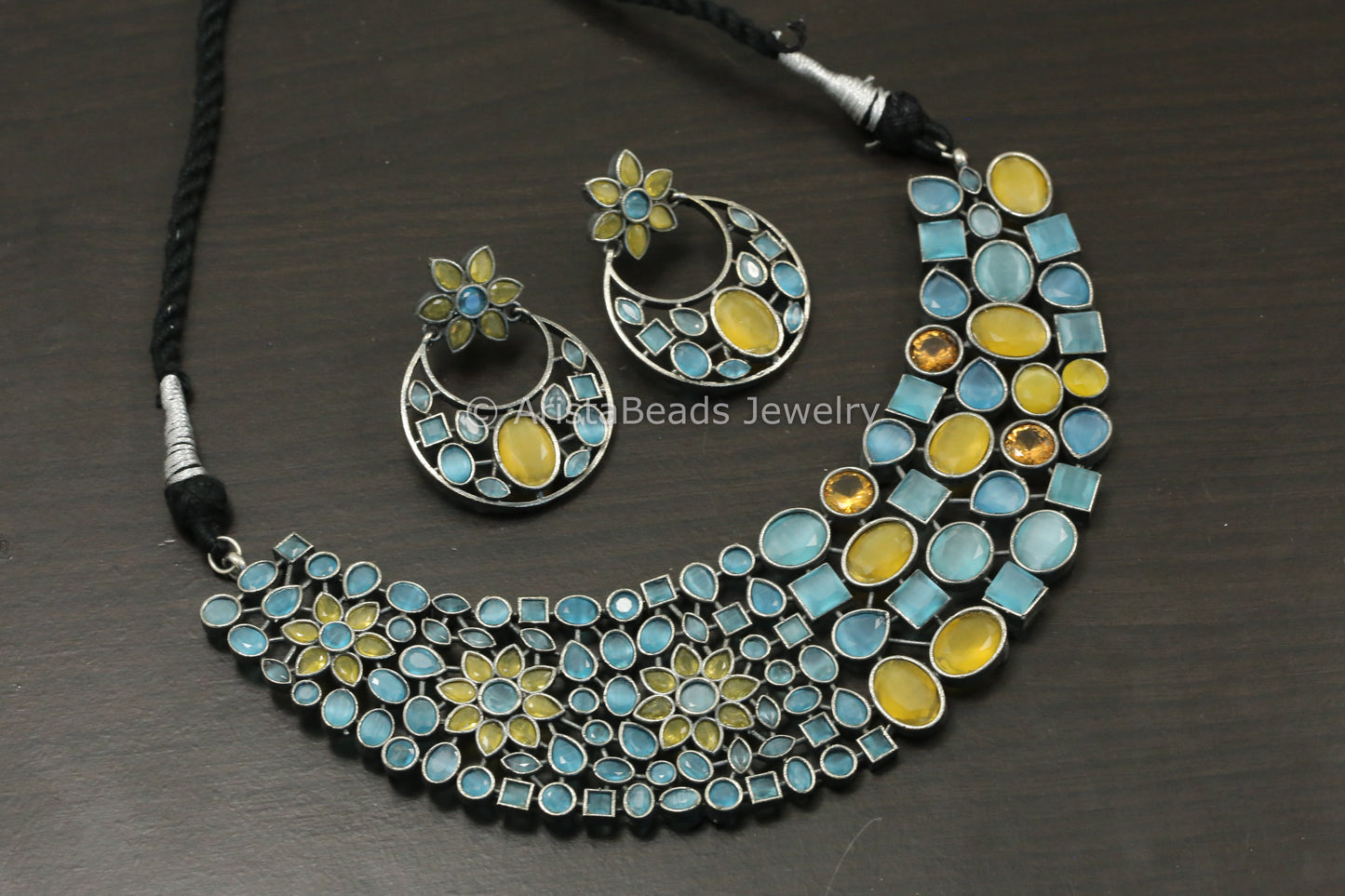 CZ & Monalisa Stones Necklace Set  -Blue Yellow