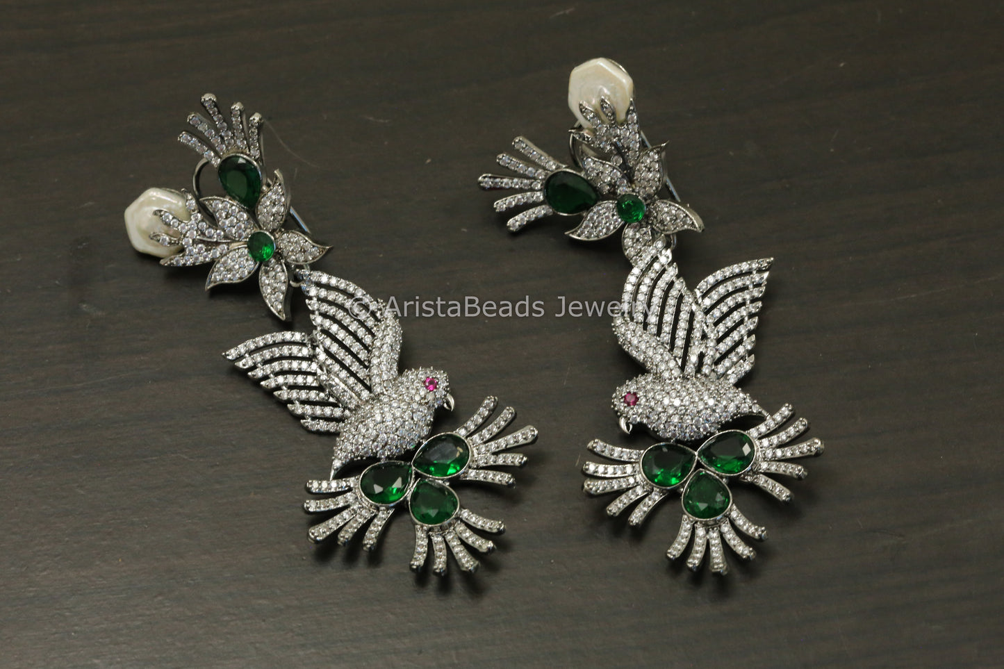 Large Victorian CZ & Baroque Pearl Earrings- Green
