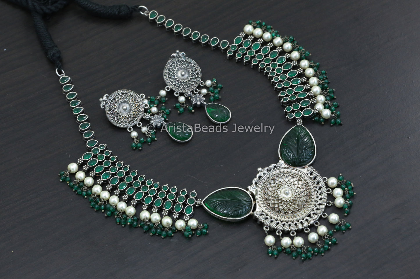 Green Carved Stone & AD Necklace Set