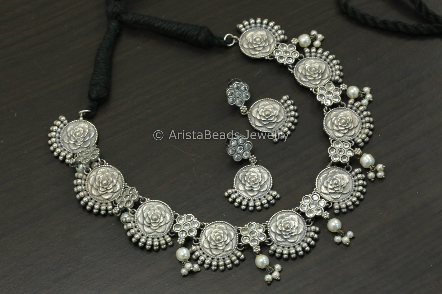 Silver Look Flower Necklace Set - Clear