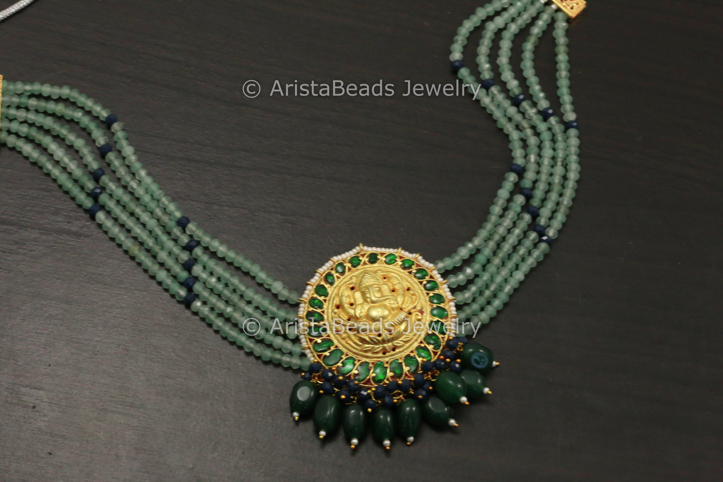Jadau Kundan Ganesha Choker Necklace - Blue Green Drops