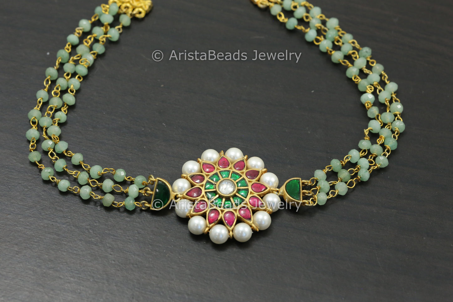 Jadau Kundan Multicolor Choker Necklace - Green Beads