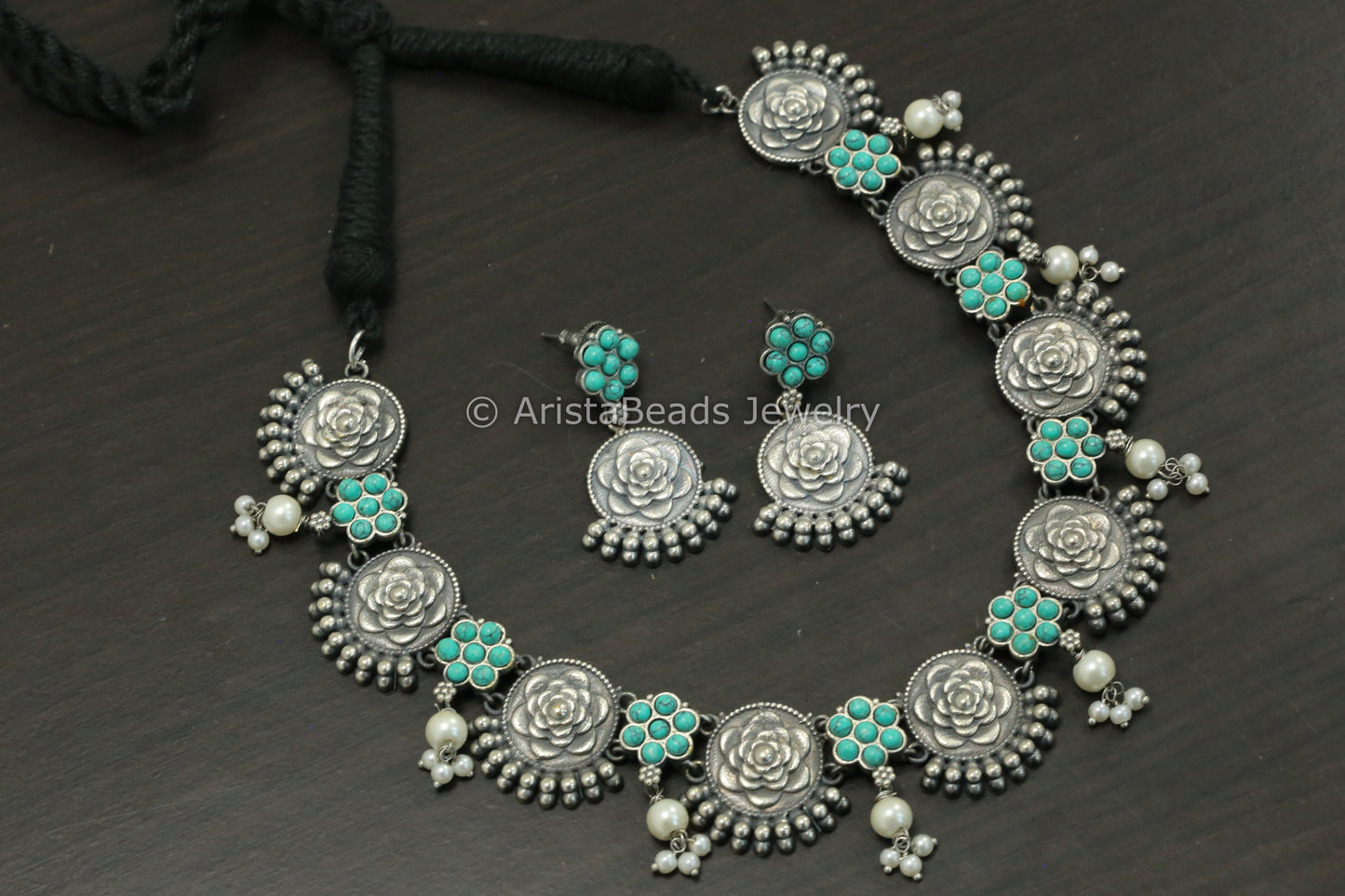 Silver Look Flower Necklace Set - Turquoise