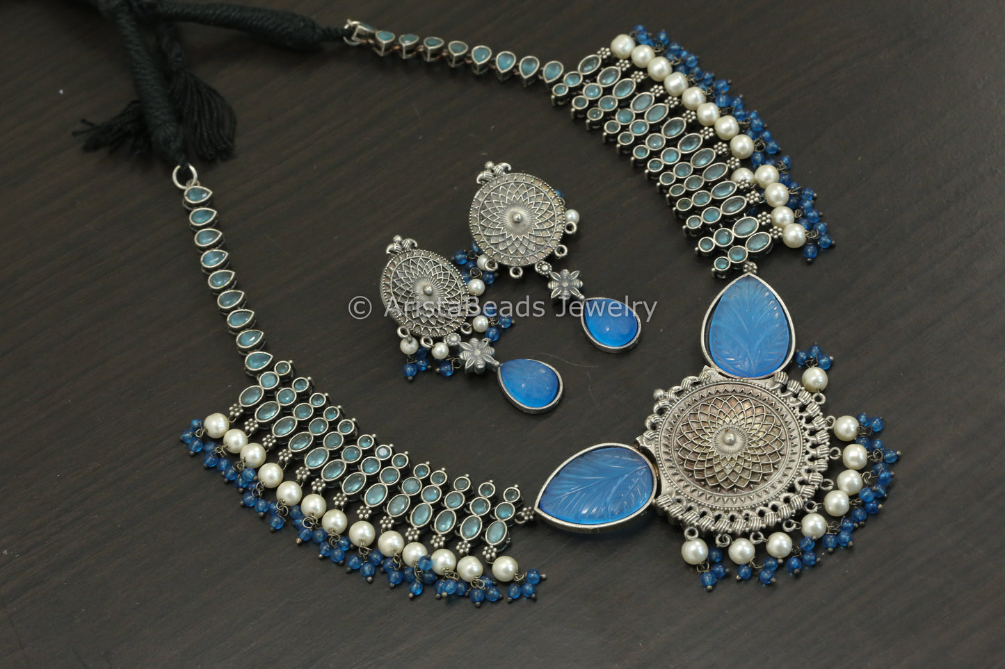 Ice Blue Carved Stone & AD Necklace Set