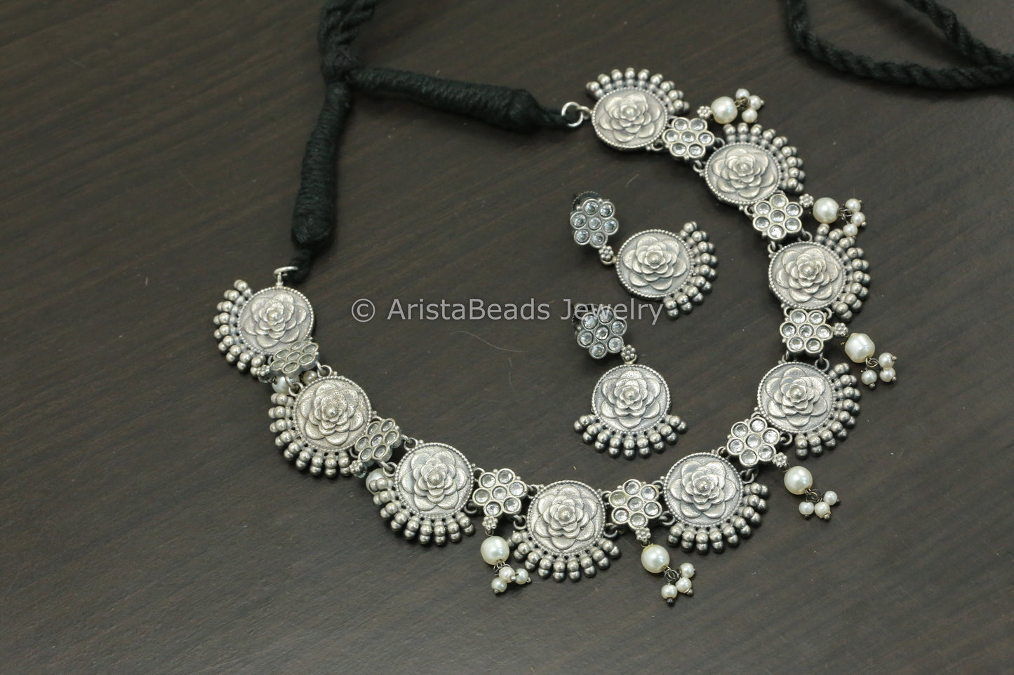 Silver Look Flower Necklace Set - Clear