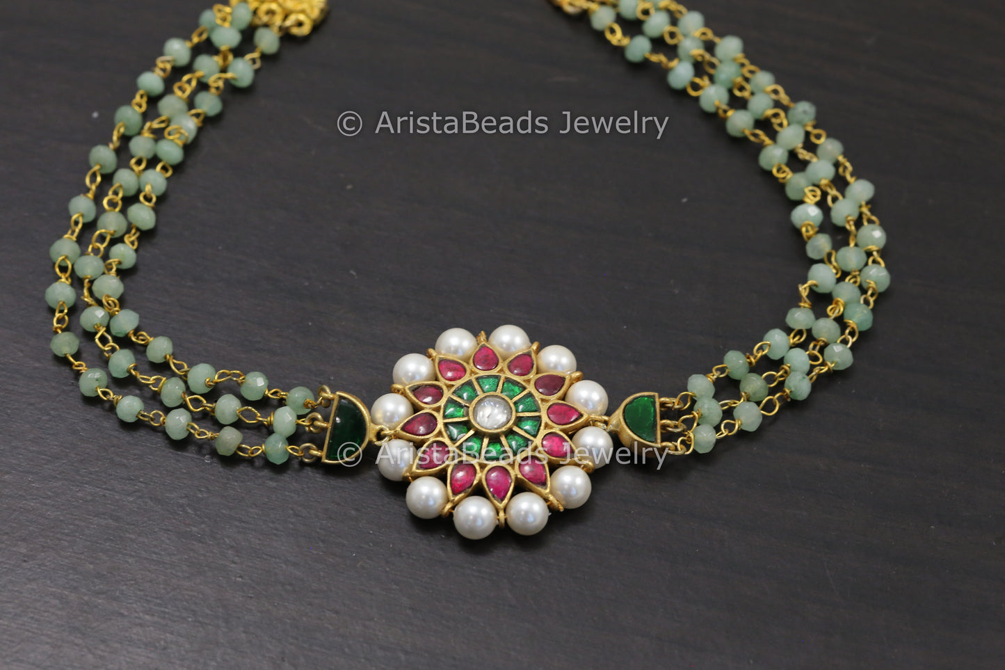 Jadau Kundan Multicolor Choker Necklace - Green Beads