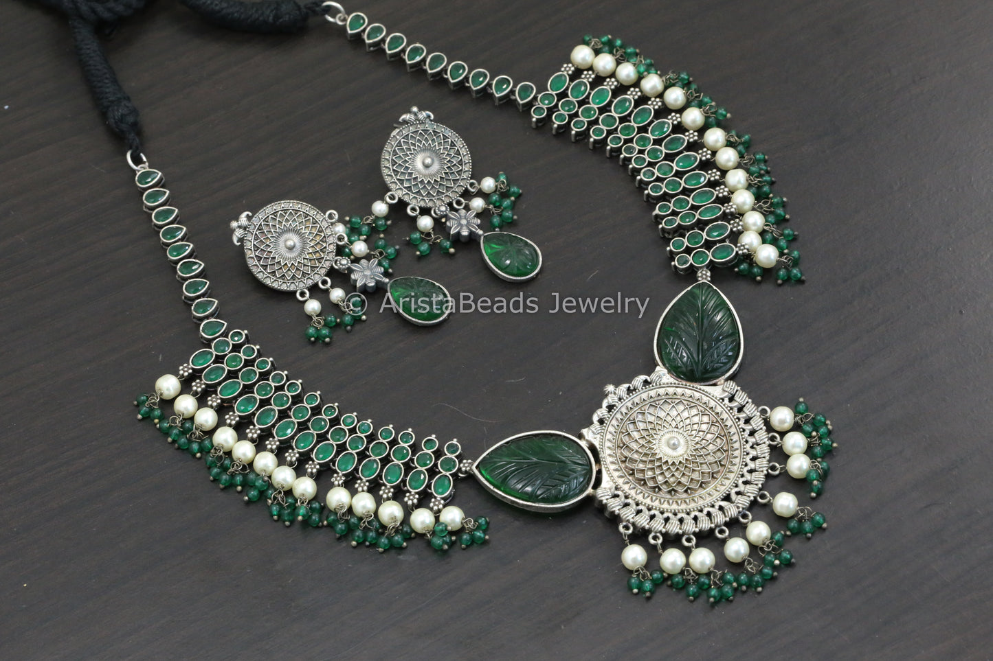 Green Carved Stone & AD Necklace Set