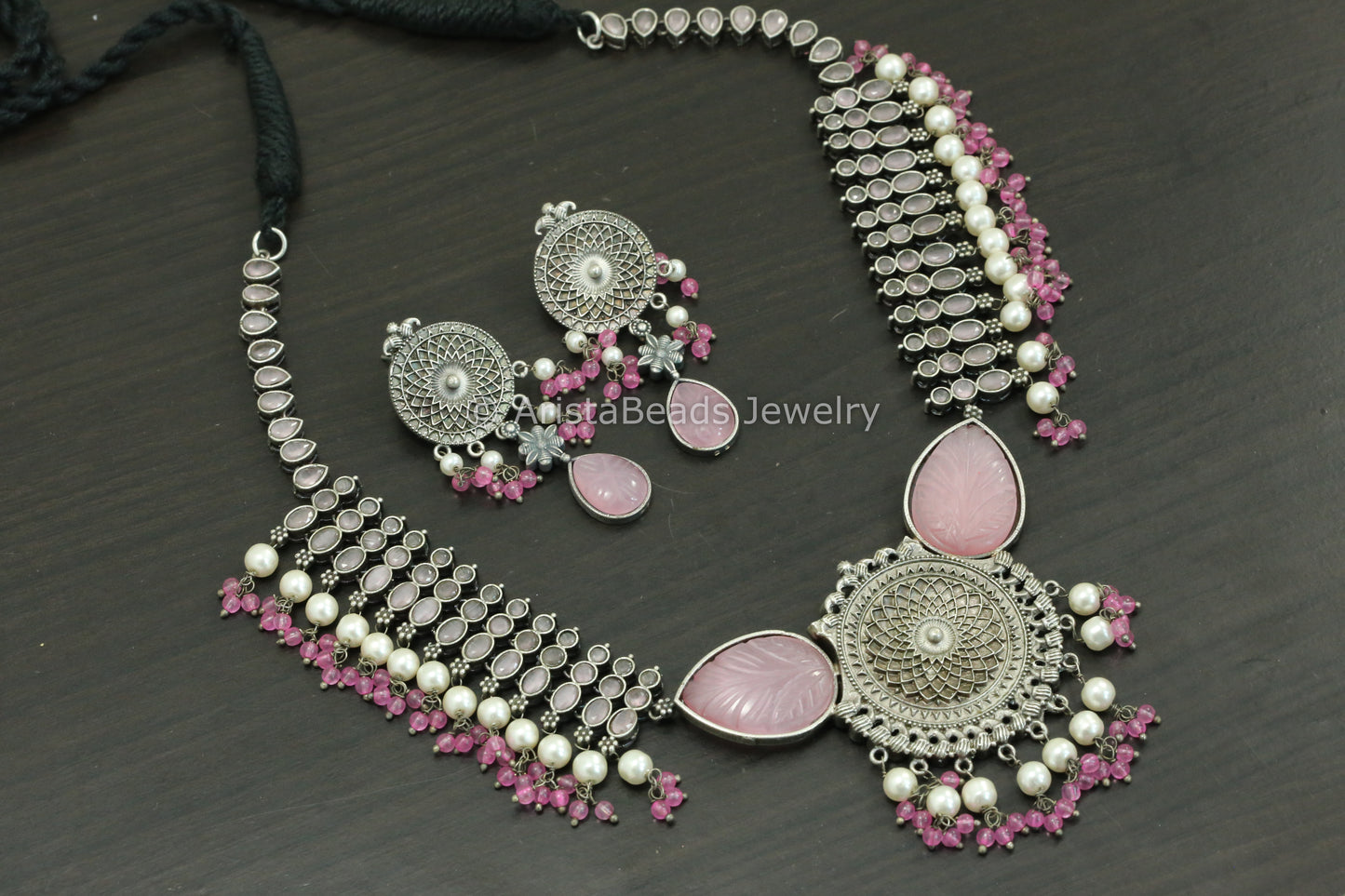 Pink Carved Stone & AD Necklace Set