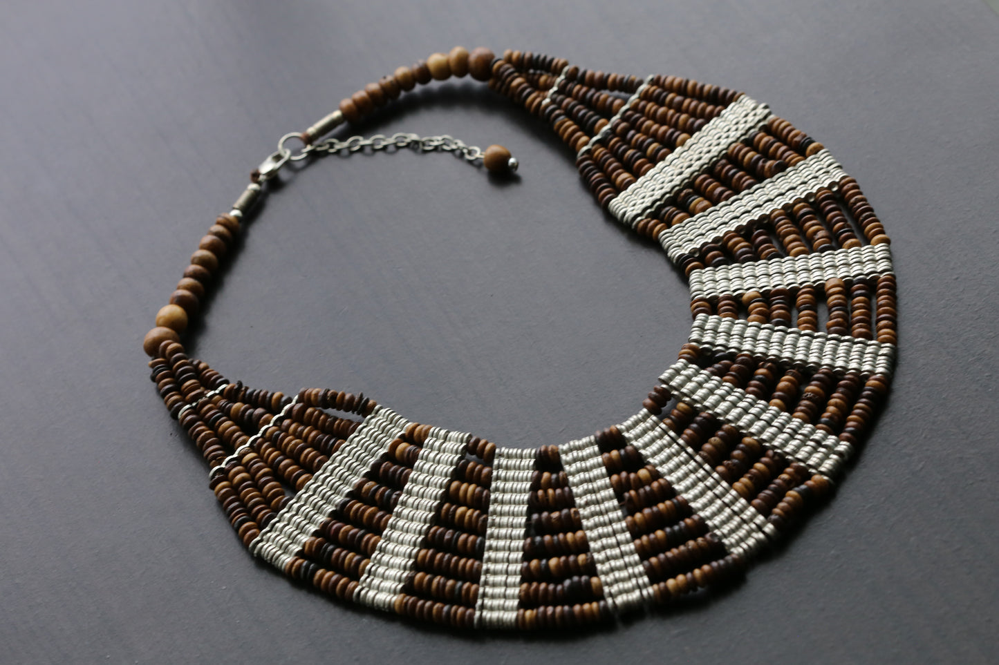 Layered Beaded Necklace -Brown
