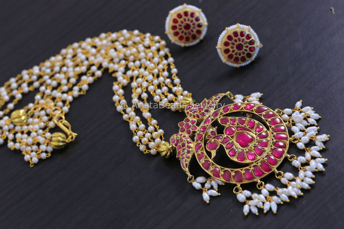 Handmade Ruby Peacock Kundan Necklace Set