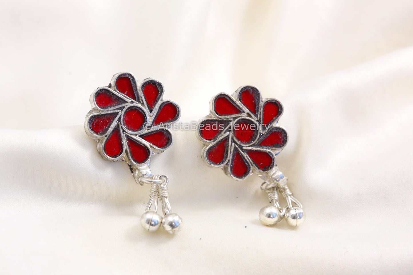 Silver Look Real Glass Stud - Red