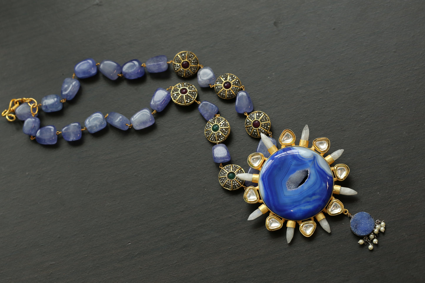 Contemporary Kundan & Blue Agate Geode Druzy Necklace