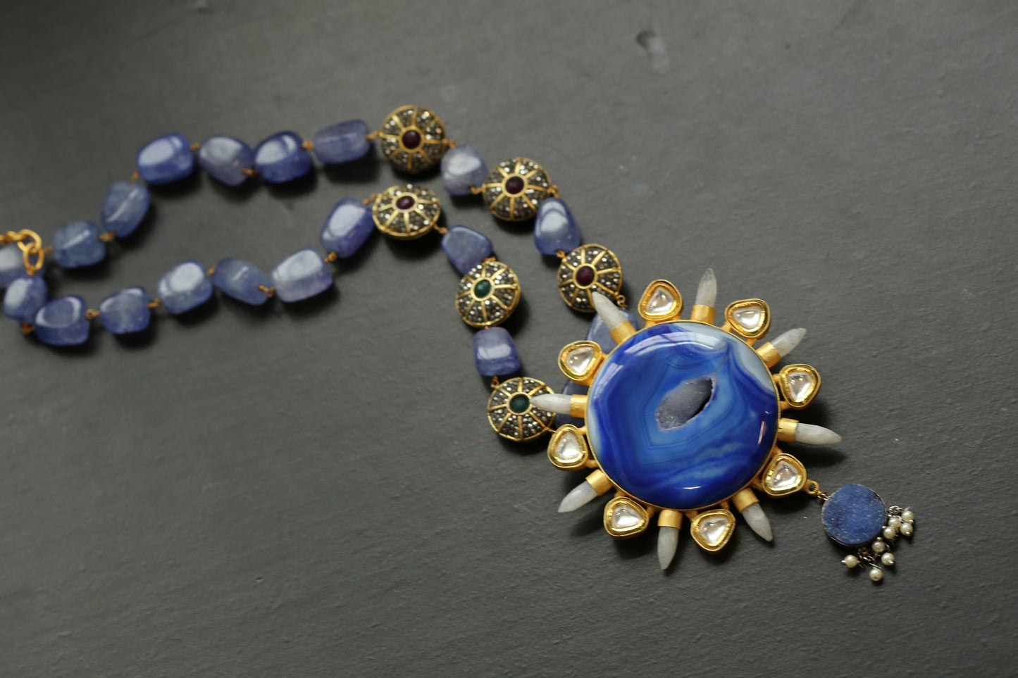 Contemporary Kundan & Blue Agate Geode Druzy Necklace
