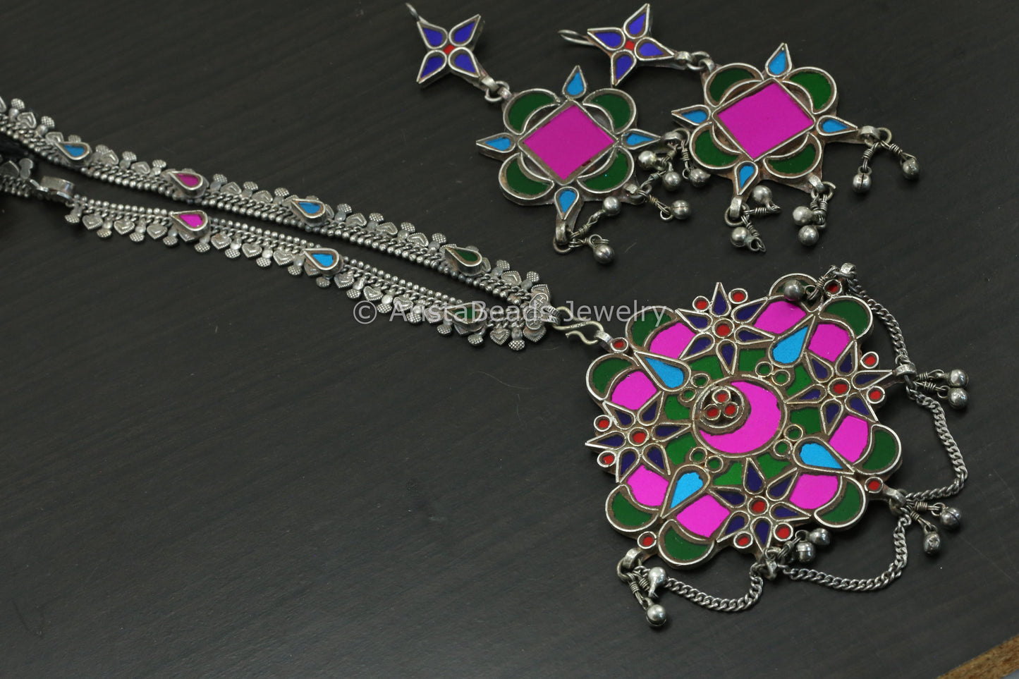 Real Glass Necklace Set - Hot Pink Green