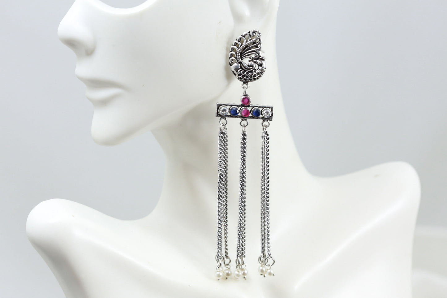 Oxidized Tassel Earrings - Blue Ruby