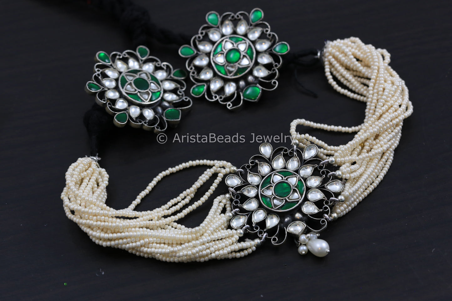 925 Silver Kundan Choker Set - Emerald