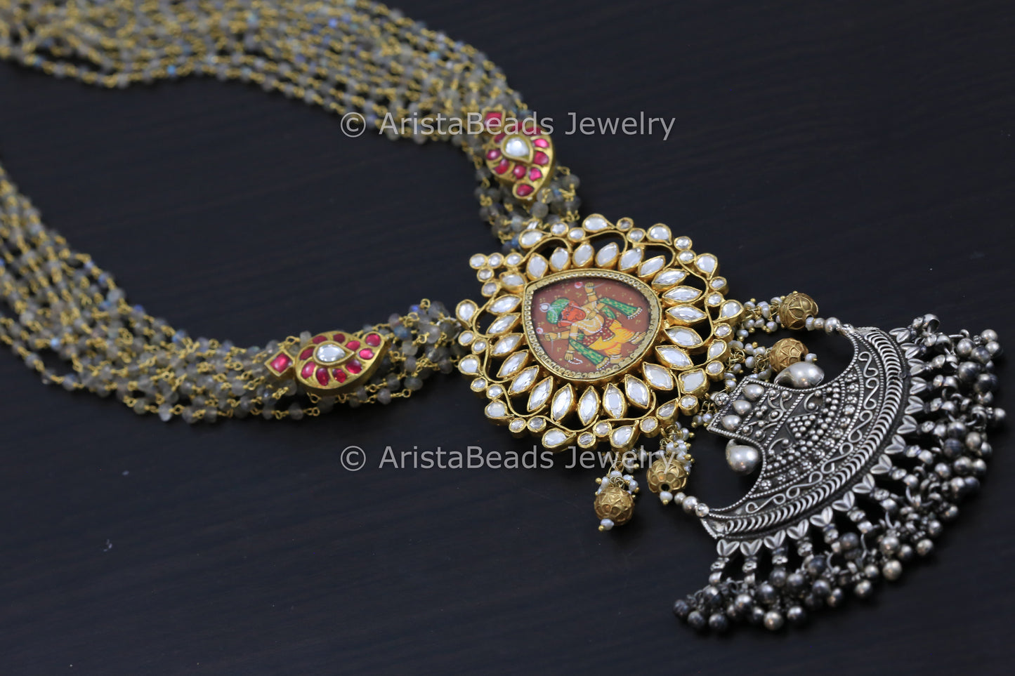 925 Fusion Kundan Necklace In Silver Labradorite Chains