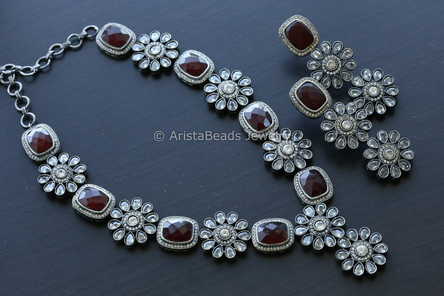Oxidized Ruby Clear Stone Necklace Set