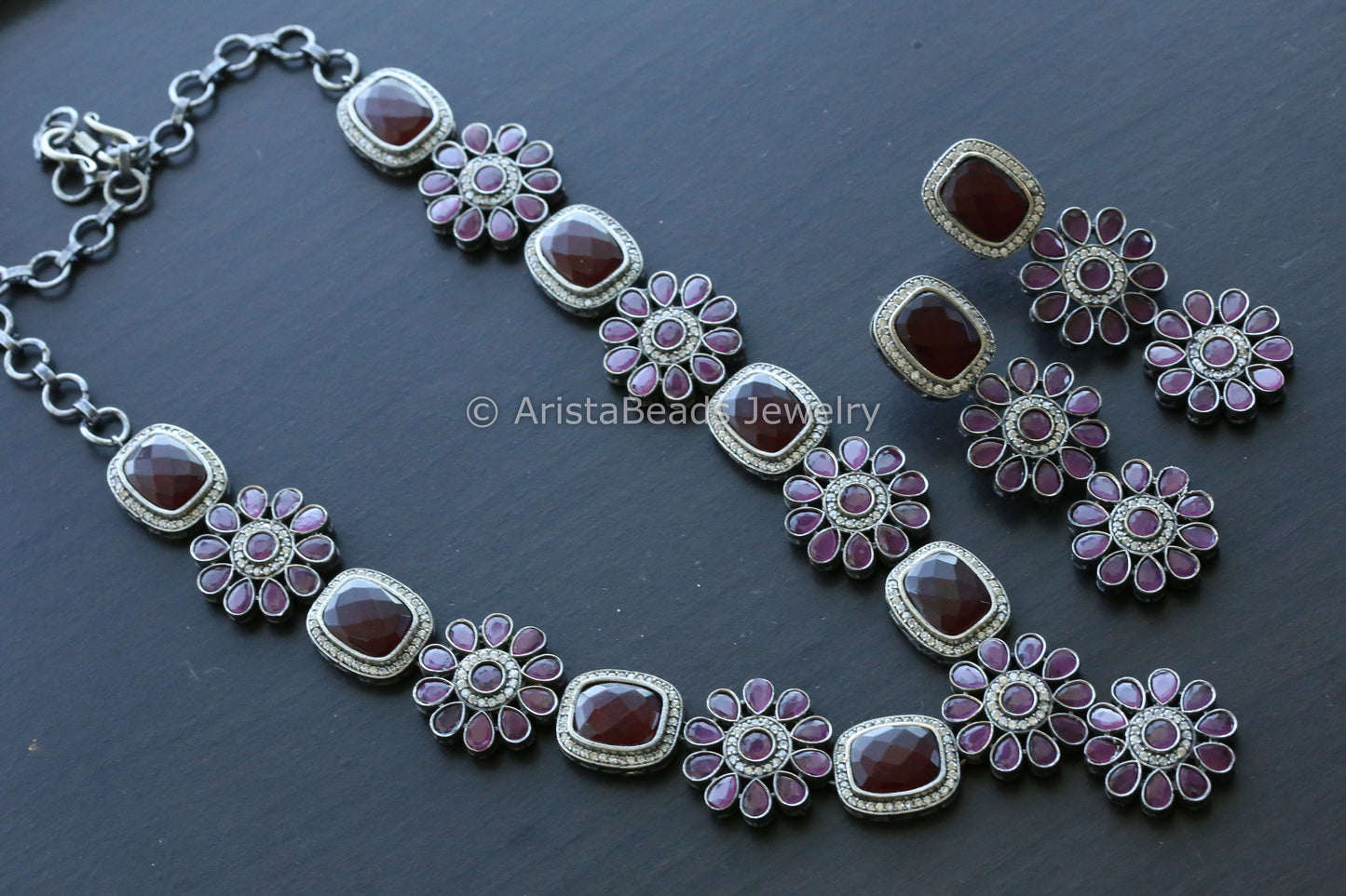 Oxidized Ruby Stone Necklace Set