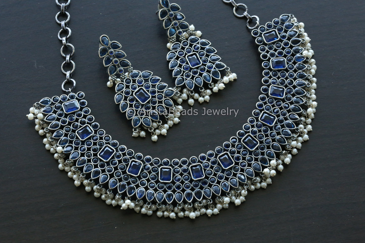 Blue CZ Silver Look Necklace Set