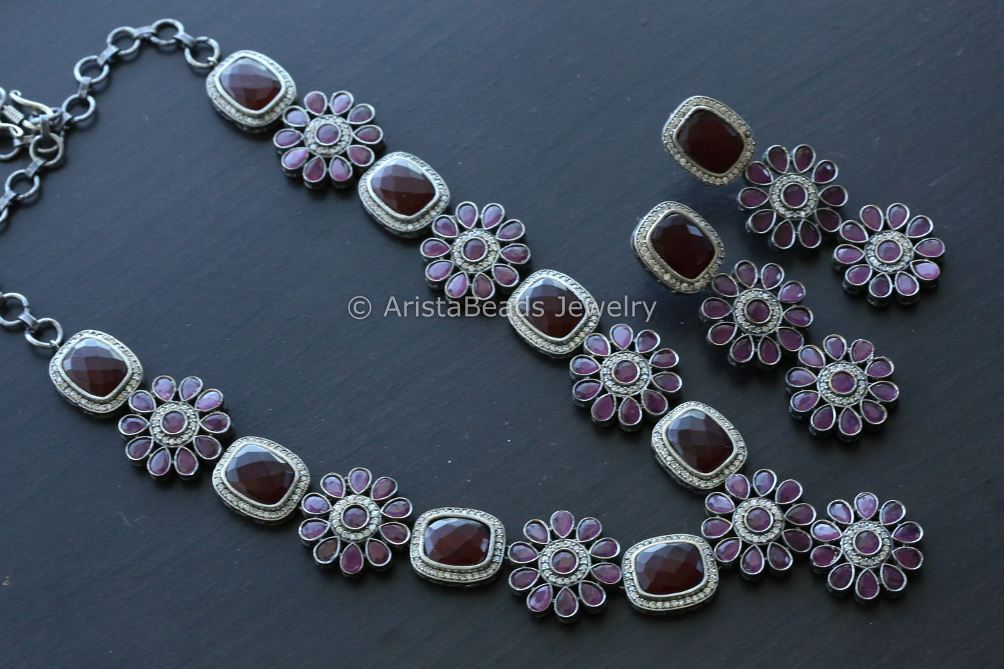 Oxidized Ruby Stone Necklace Set