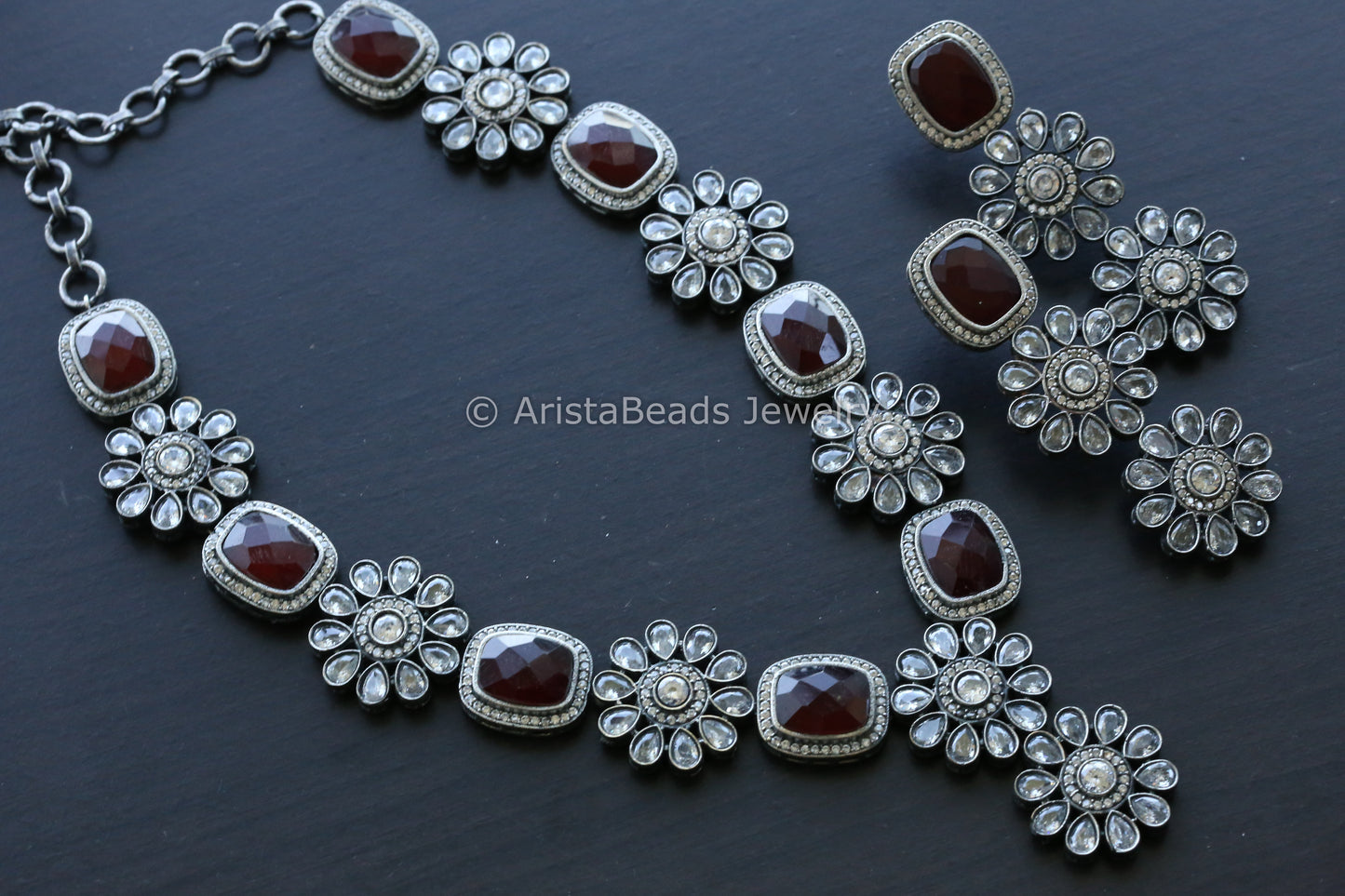 Oxidized Ruby Clear Stone Necklace Set