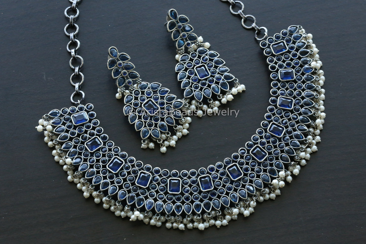 Blue CZ Silver Look Necklace Set