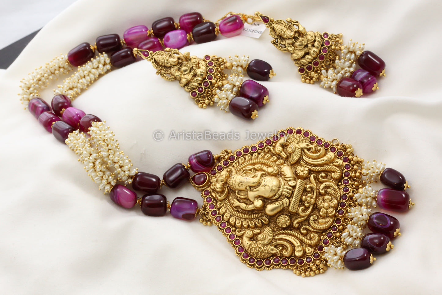 Nakshi Temple Ganesha Necklace Set With Rice Pearls - Purple