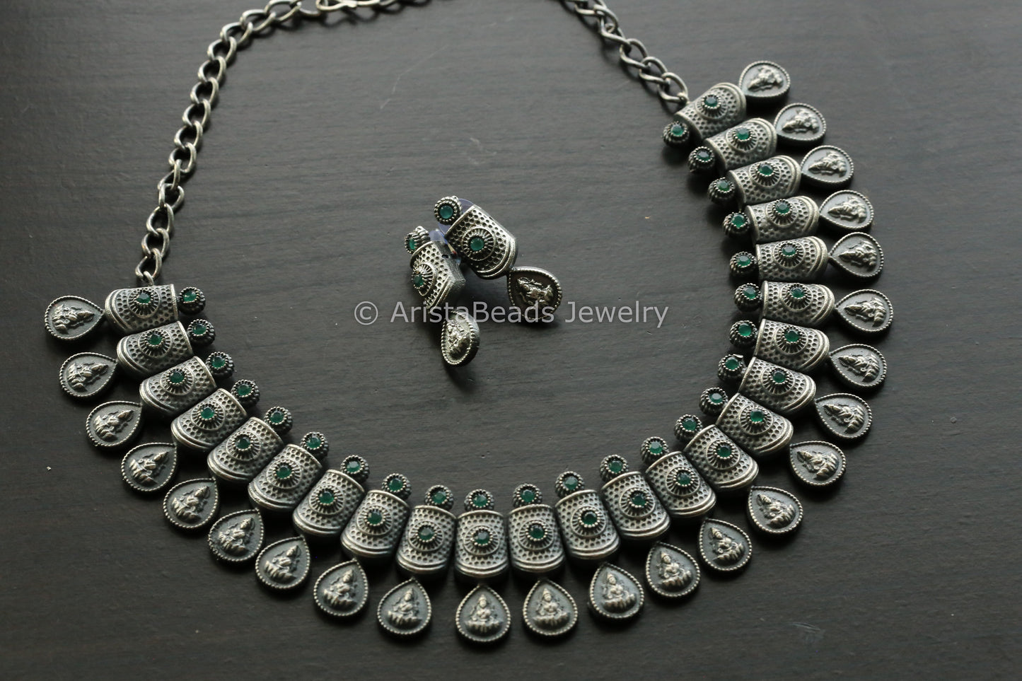 Oxidized Green Stones Lakshmi Necklace Set