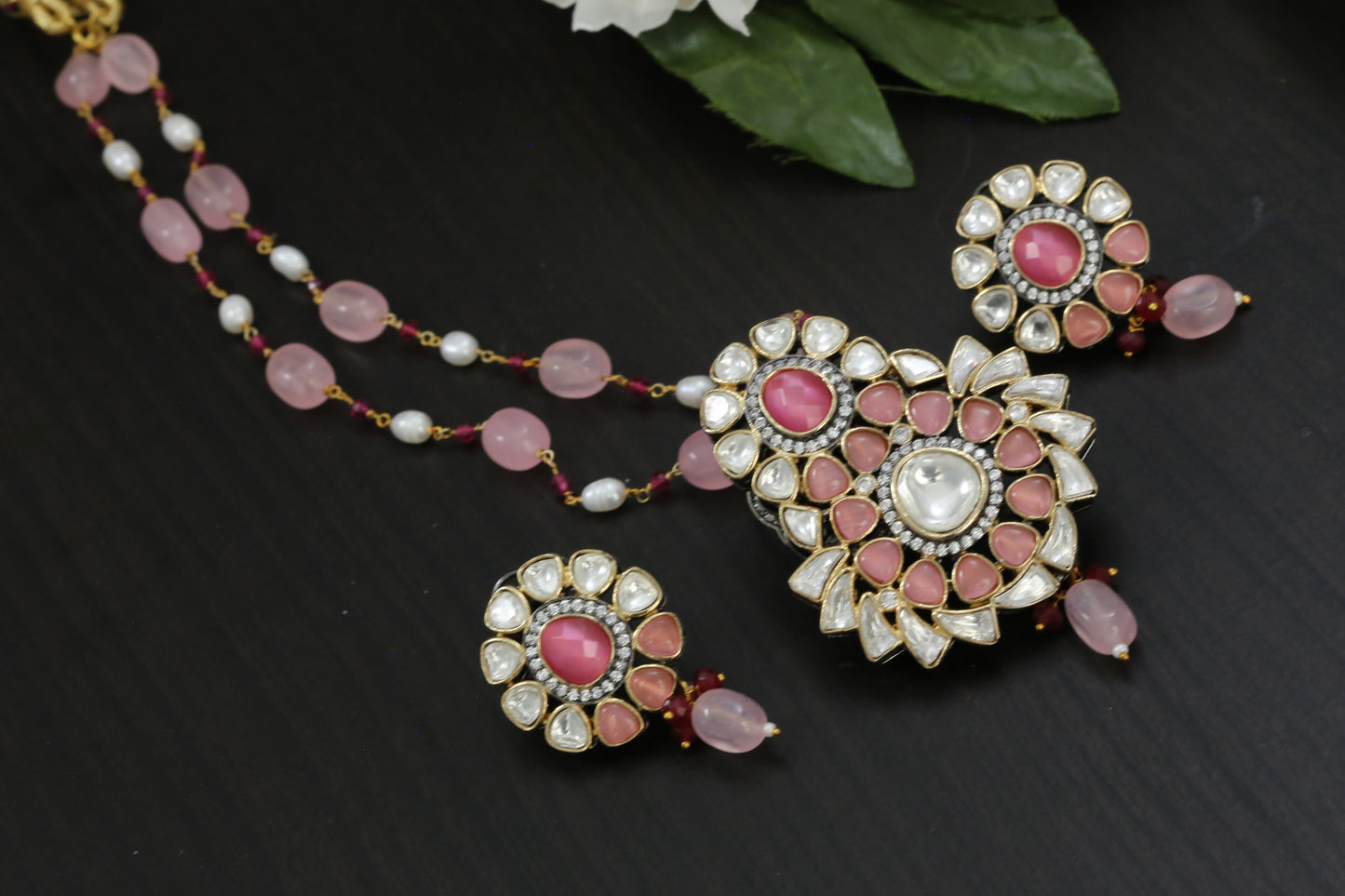 Uncut Kundan Necklace Set - Pink