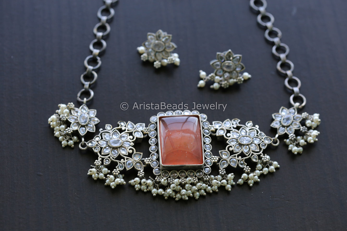 Orange Stone & Clear CZ Oxidized Necklace Set