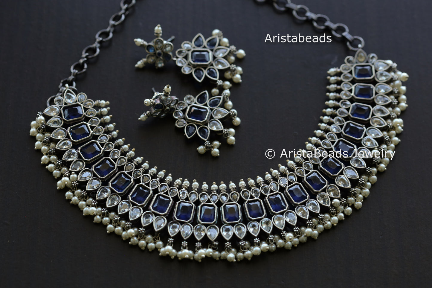 Blue Clear Stone Oxidized Brass Necklace Set