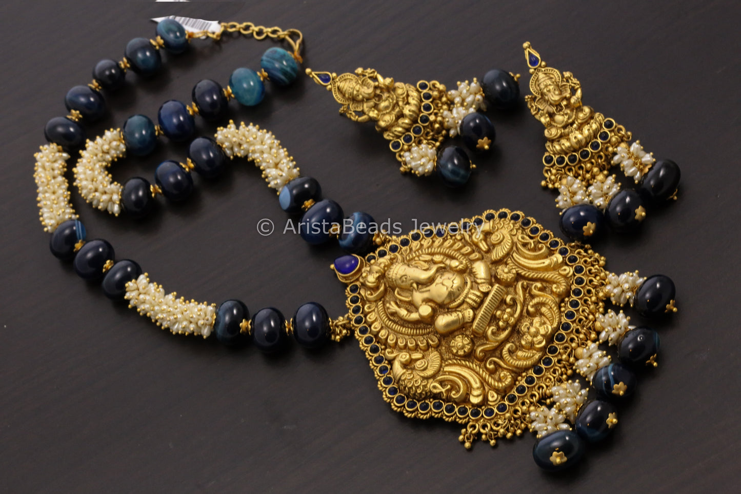 Nakshi Temple Ganesha Necklace Set With Rice Pearls - Blue