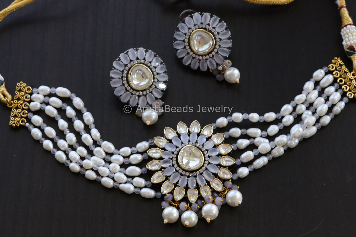 Uncut Kundan Real Pearls Choker Set -Gray