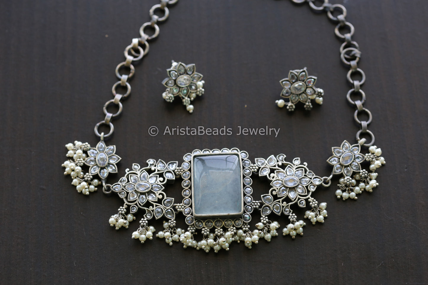 Gray Stone & Clear CZ Oxidized Necklace Set