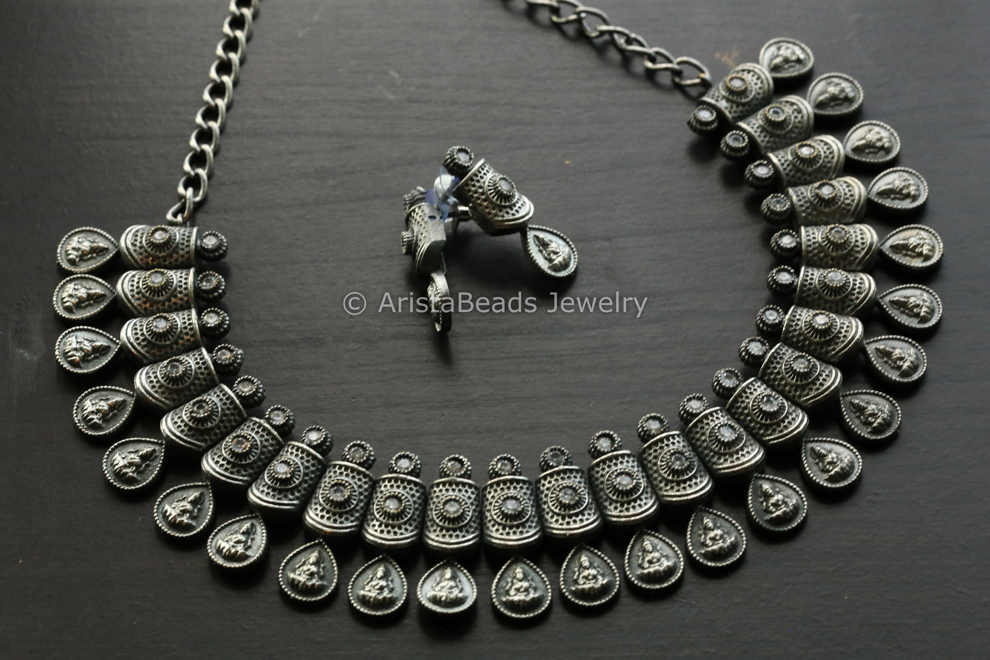 Oxidized Clear Stones Lakshmi Necklace Set