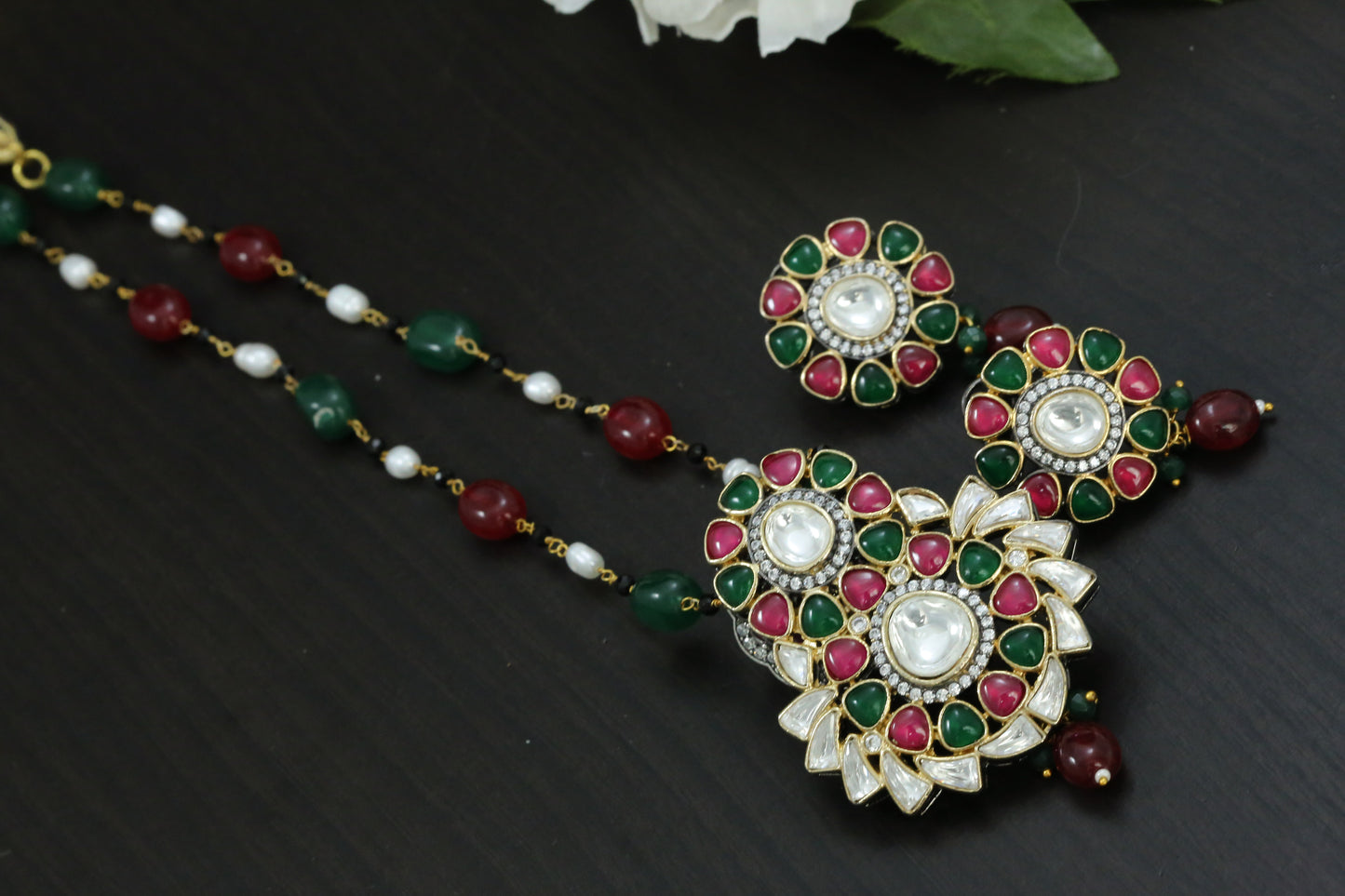 Uncut Kundan Necklace Set - Ruby Green