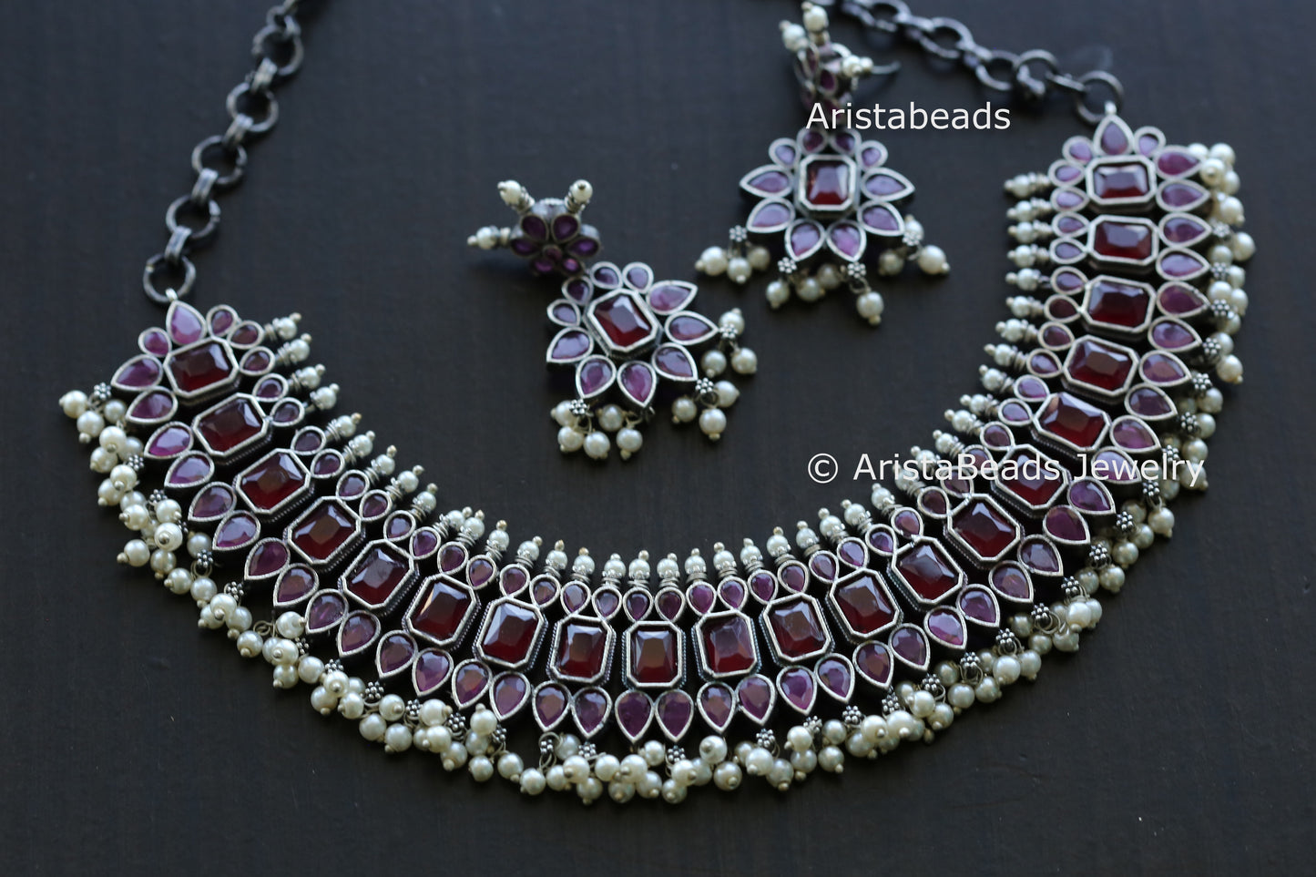 Ruby Stone Oxidized Brass Necklace Set