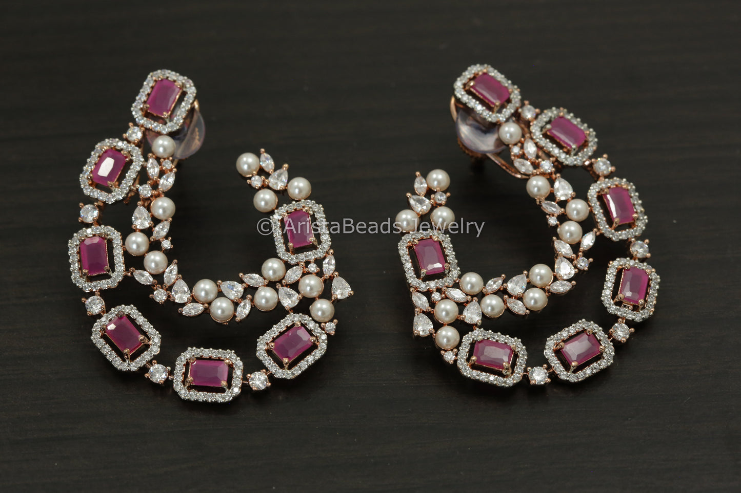 Rose Gold CZ & Pearl Earrings - Ruby