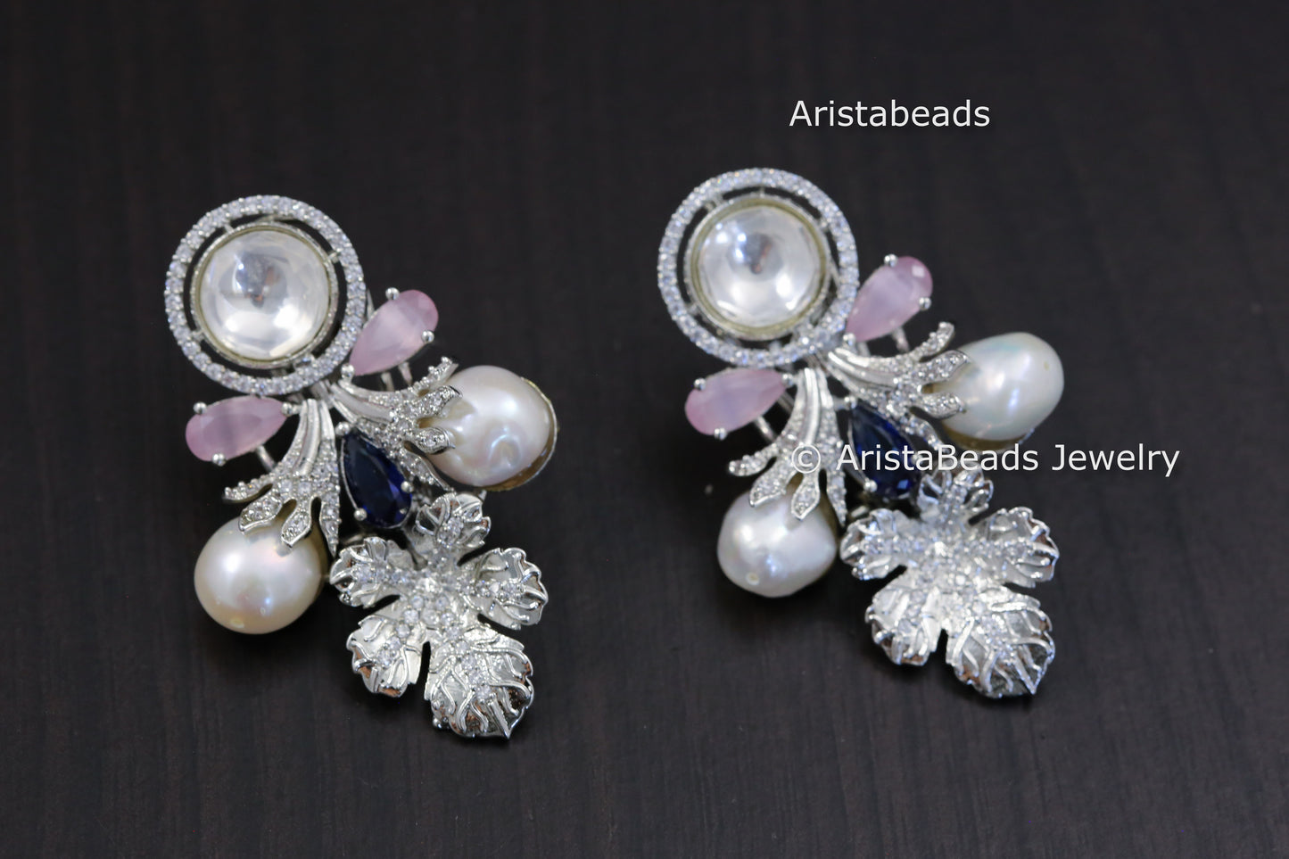 Silver Finish Kundan Baroque Pearl Earrings - Pink