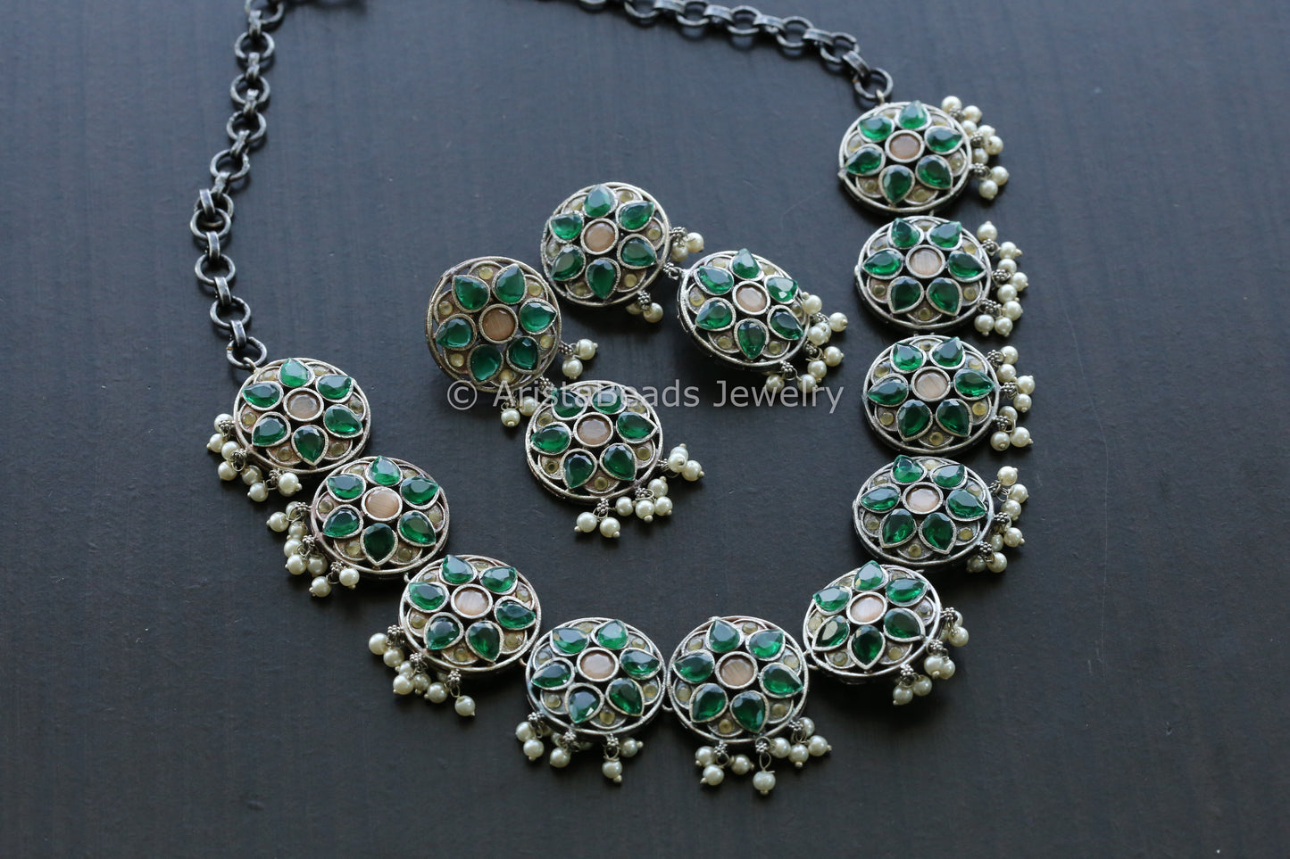 Peach & Green CZ Oxidized Necklace Set