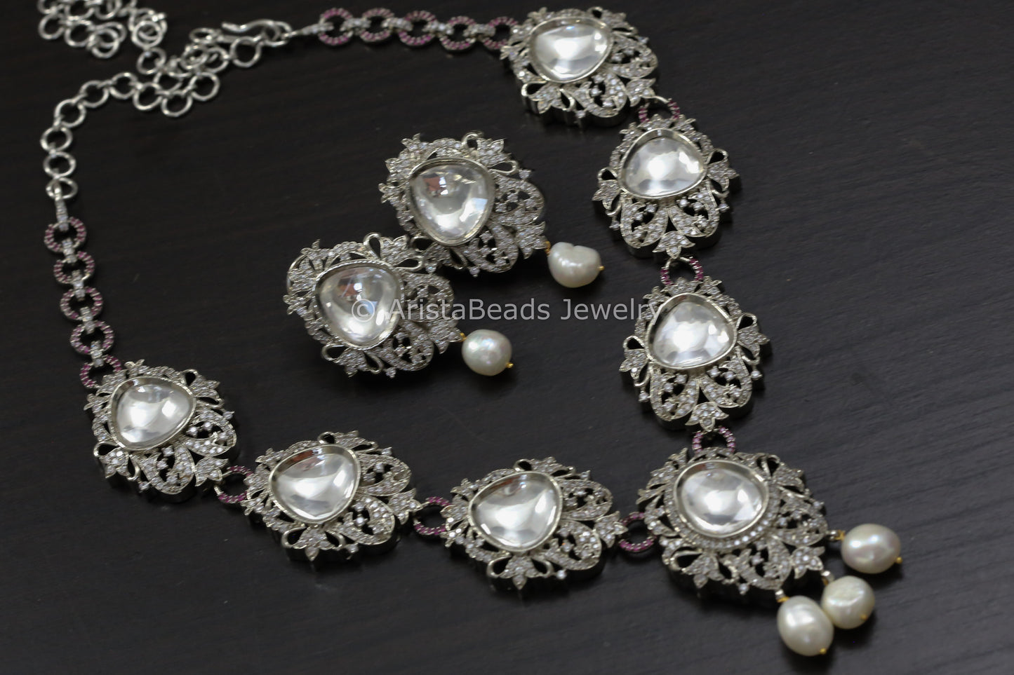 Big Kundan Polki & CZ Necklace Set With Real Pearl Drops