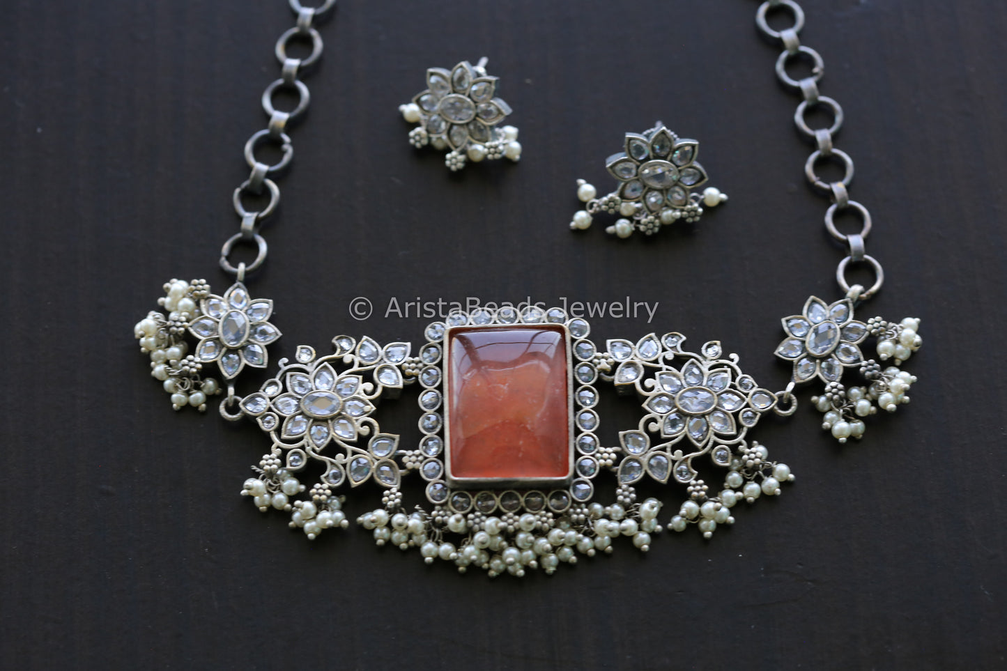Orange Stone & Clear CZ Oxidized Necklace Set