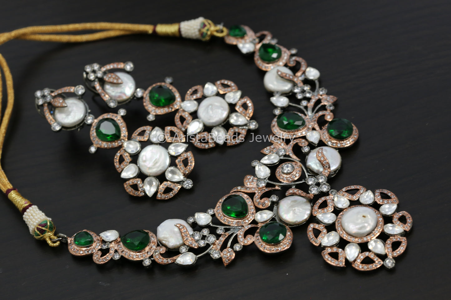 Victorian Rose Gold Kundan Baroque Pearl Necklace Set  - Green