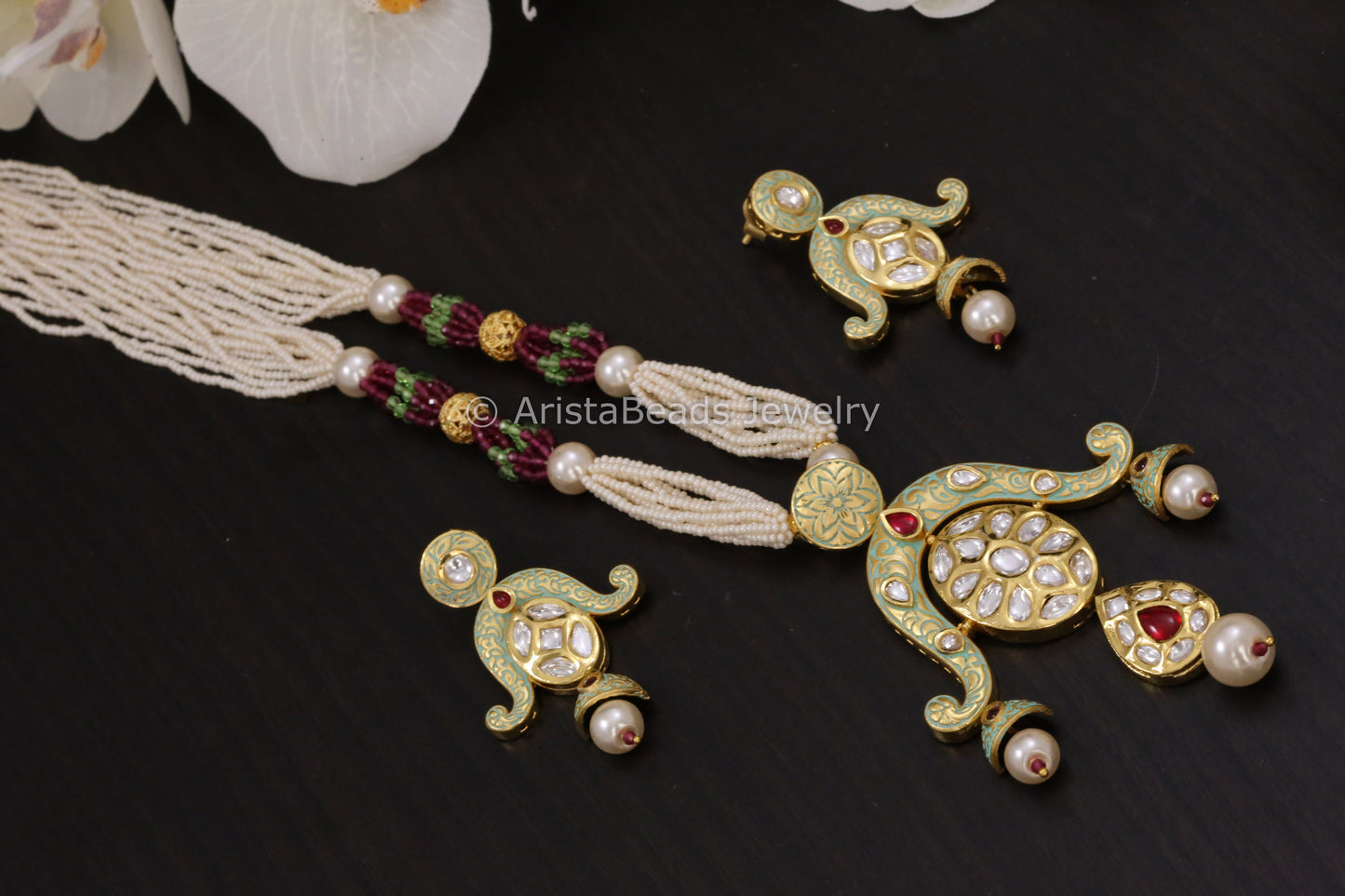Mint Green Enamel Uncut Kundan Necklace Set