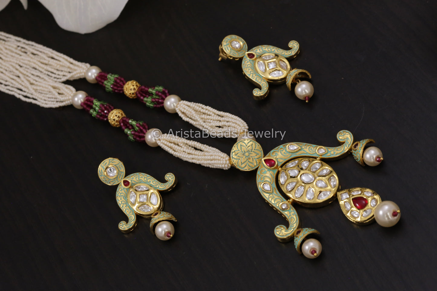 Mint Green Enamel Uncut Kundan Necklace Set