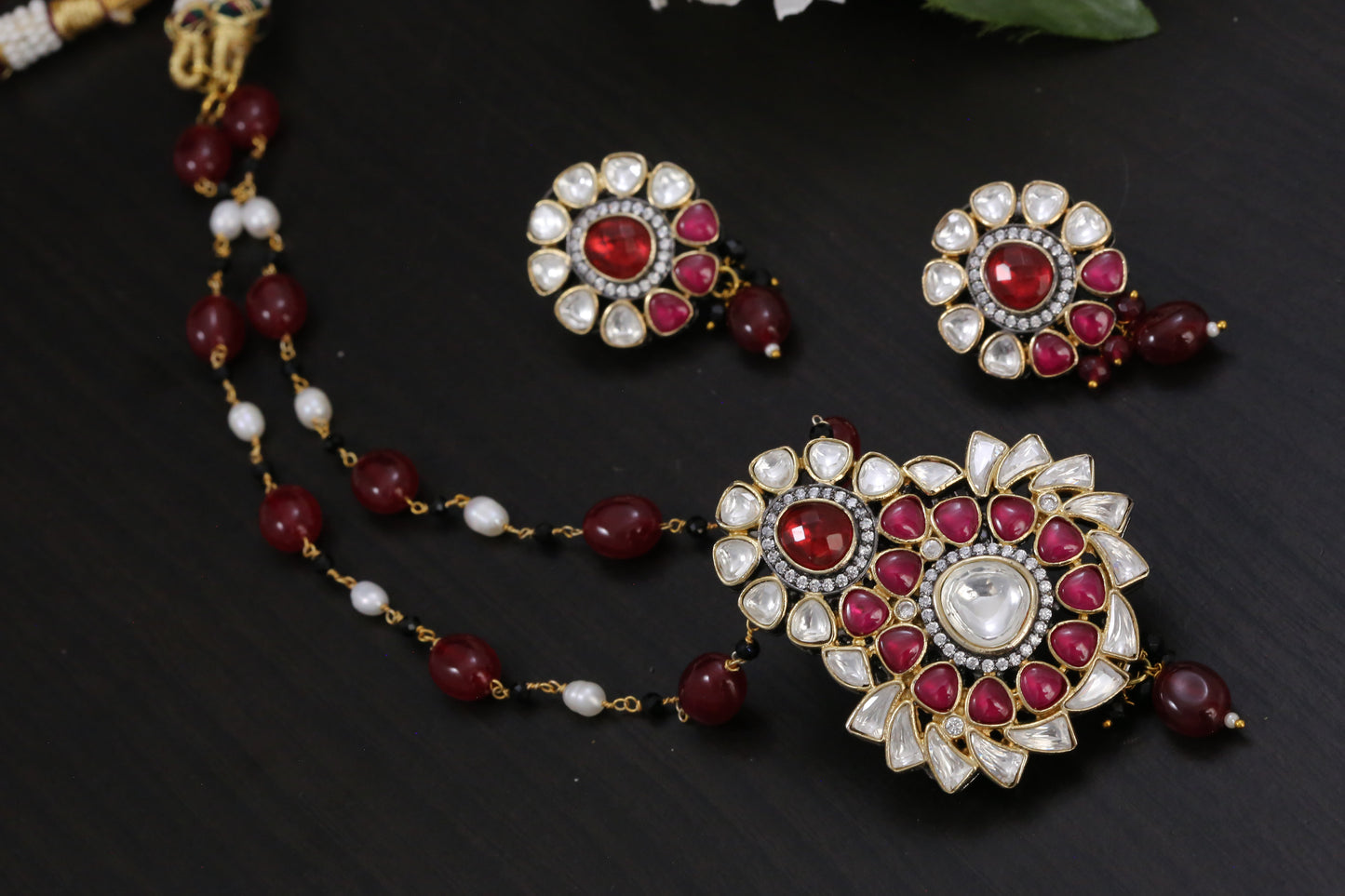 Uncut Kundan Necklace Set - Ruby